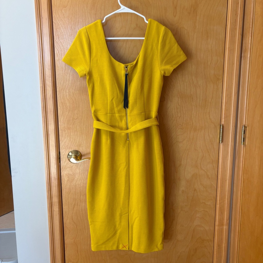Boden Sheath Dress Women 6R Yellow Ribbed Belted Short Sleeve Scoop Neck - Picture 5 of 11